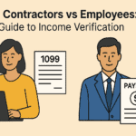 Illustration showing a freelancer with a 1099 form and an employee with a payslip, representing income verification differences