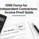 1099 forms for independent contractors with calculator, pen, and income proof paperwork