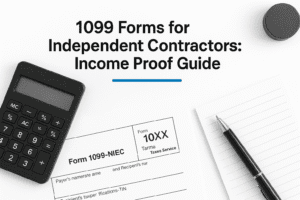 1099 forms for independent contractors with calculator, pen, and income proof paperwork