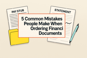 Illustration showing a pay stub, a bank statement, and a folder, with the title ‘5 Common Mistakes People Make When Ordering Financial Documents’ in bold text