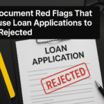 Documents with warning symbols illustrating red flags that cause loan applications to be rejected