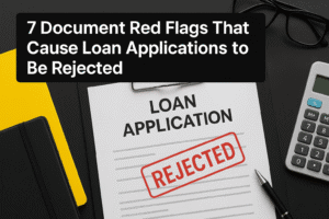 Documents with warning symbols illustrating red flags that cause loan applications to be rejected