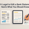 Person reviewing a bank statement with a justice scale icon, illustrating legal vs fraudulent edits and compliance best practices