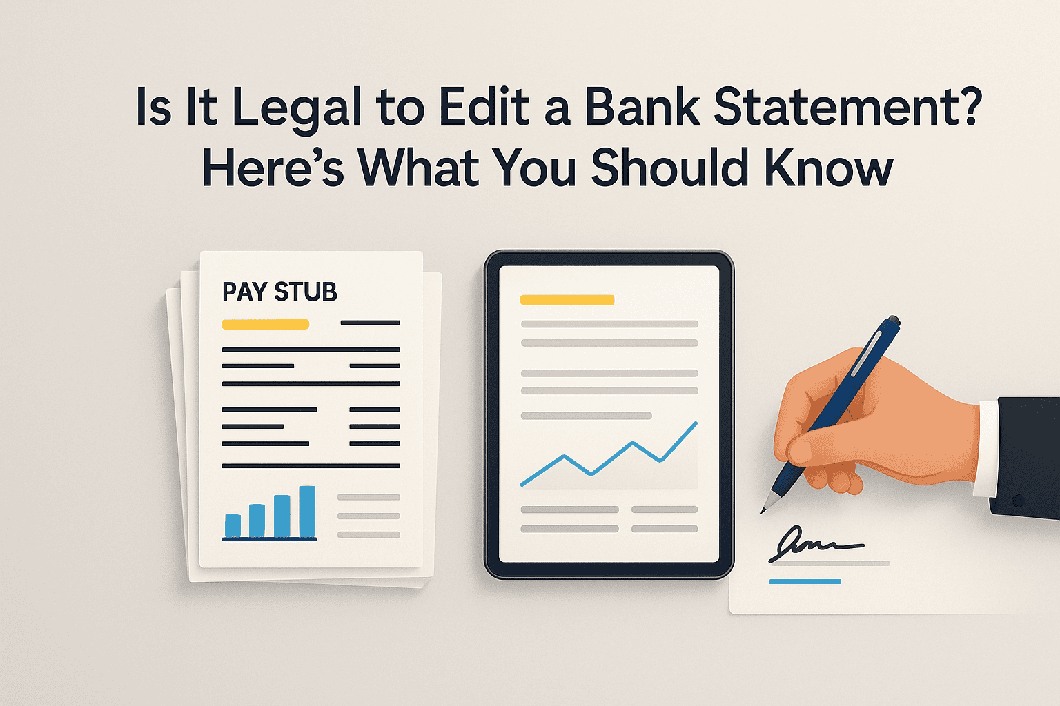 Person reviewing a bank statement with a justice scale icon, illustrating legal vs fraudulent edits and compliance best practices