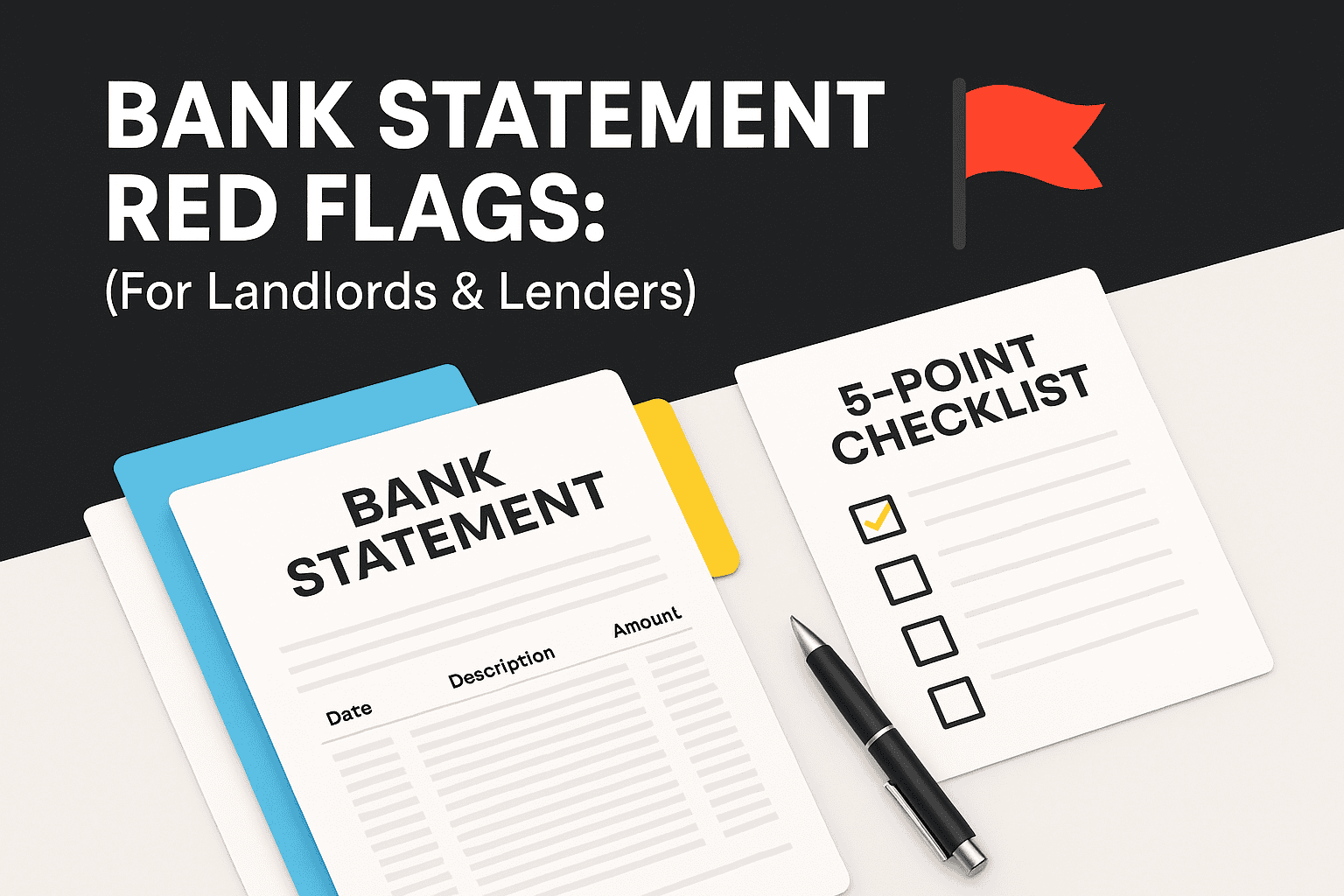 Illustration of a landlord and lender reviewing bank statements with a 5-point checklist.