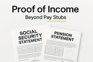 Proof of income graphic showing Social Security and pension statements beyond pay stubs