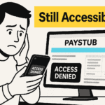 "Ex-employee viewing paystubs online after termination on a laptop screen