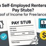 Illustration of a pay stub with house and money icons showing proof of income for self-employed renters