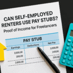Can Self‑Employed Renters Use Pay Stubs? Proof of Income for Freelancers 3 Self-employed renters pay stubs — proof of income for freelancers shown with pay-stub form, calculator, pen, and house icon