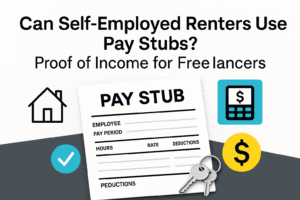 Illustration of a pay stub with house and money icons showing proof of income for self-employed renters