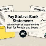 Pay stubs and bank statements with a calculator — proof of income for rentals and loans