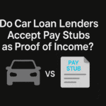 Graphic showing a car icon and a pay stub icon with the text “Do Car Loan Lenders Accept Pay Stubs as Proof of Income?”