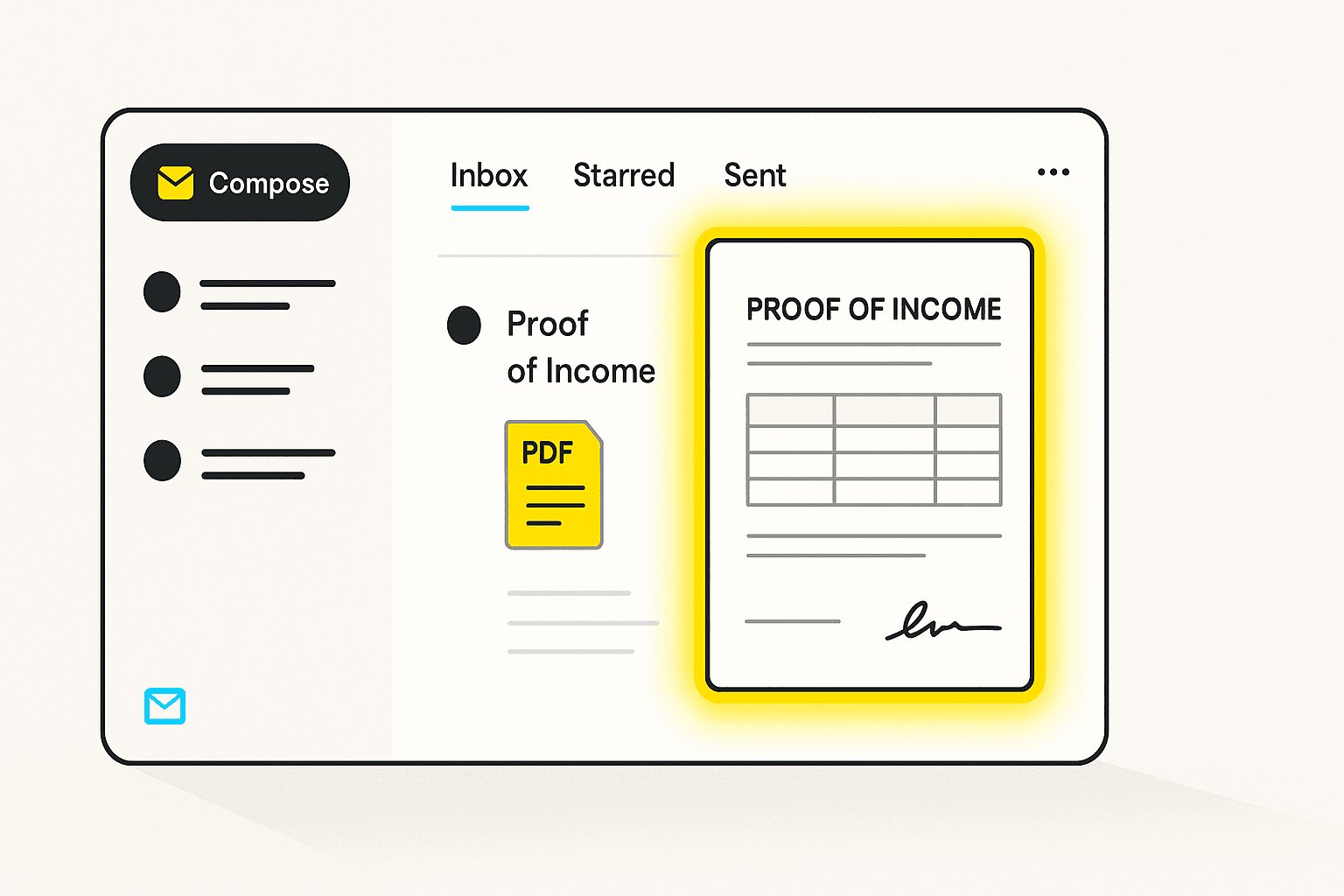 Sample email showing organized proof of income attachments and a polite, compliant message.