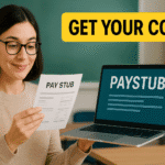 Teacher holding a pay stub and a laptop showing PAYSTUB — get a copy of my pay stub as a teacher