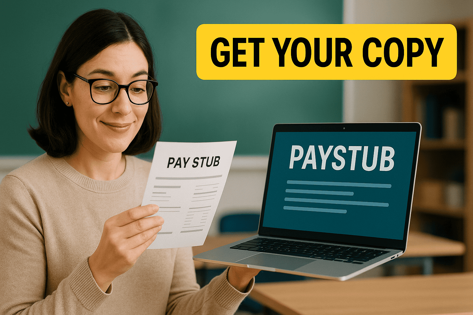 How Can I Get a Copy of My Pay Stub If I Am a Teacher 1 Teacher downloading a pay stub from a school payroll portal on a laptop