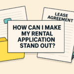 Applicant organizing pay stubs, bank statements, and a cover sheet for a rental application