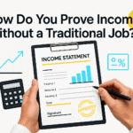 Illustration of proving income without a traditional job, with a clipboard showing an income statement marked approved, calculator and growth chart icons.