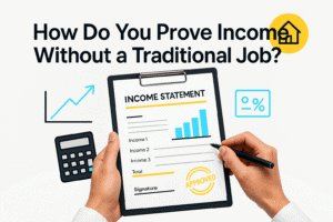 Illustration of proving income without a traditional job, with a clipboard showing an income statement marked approved, calculator and growth chart icons.
