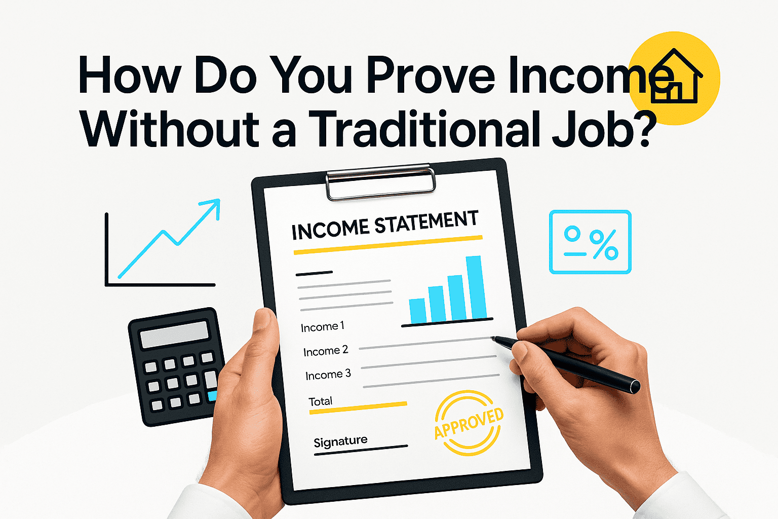 Self‑employed worker organizing multiple income documents for proof of income