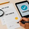Landlords and loan officers reviewing pay stubs with verification tools and databases; compliance-focused illustration