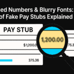 Alt="Rounded numbers and blurry fonts on a pay stub showing signs of fake pay stubs"