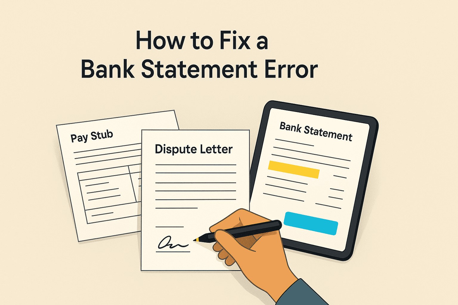 Customer preparing a bank statement error dispute letter and highlighting the incorrect transaction