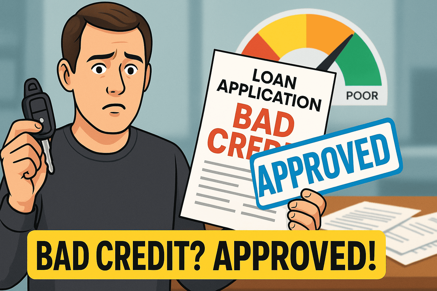 Man holding car keys and loan application approved despite bad credit