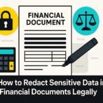 Illustration showing lawful redaction of sensitive data in financial documents with a marker, lock, calculator, and justice scale icons