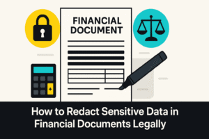 Illustration showing lawful redaction of sensitive data in financial documents with a marker, lock, calculator, and justice scale icons