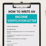 Clipboard with a draft income verification letter template, pen, and financial icon, illustrating how to write a proof of income letter