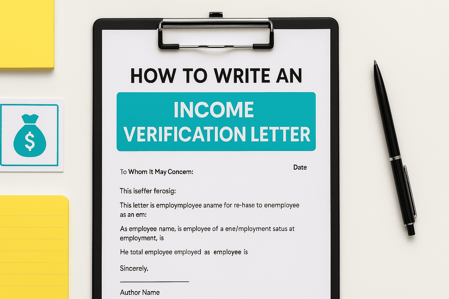 Illustration of an income verification letter beside pay stubs, a checklist, and a pen