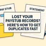Illustration of securely retrieving duplicate pay stubs from payroll archives