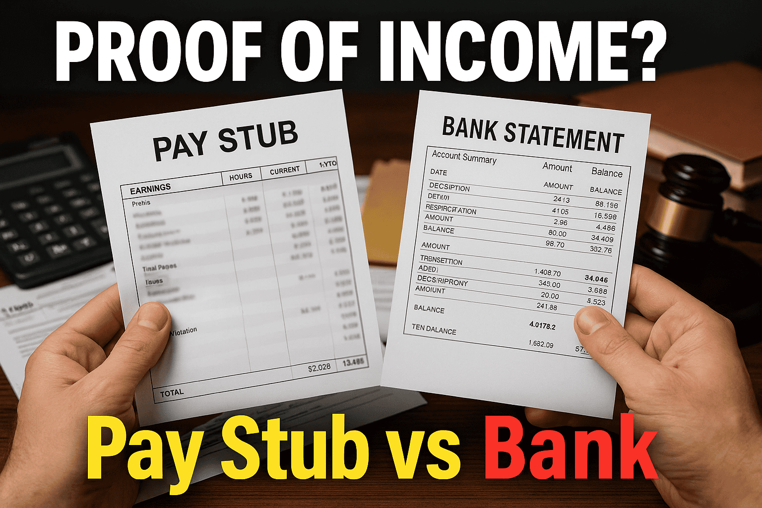 Illustration comparing a pay stub and a bank statement used as proof of income.