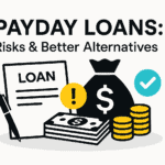 Illustration of payday loans showing loan agreement, money bag, coins, and risks vs better alternatives