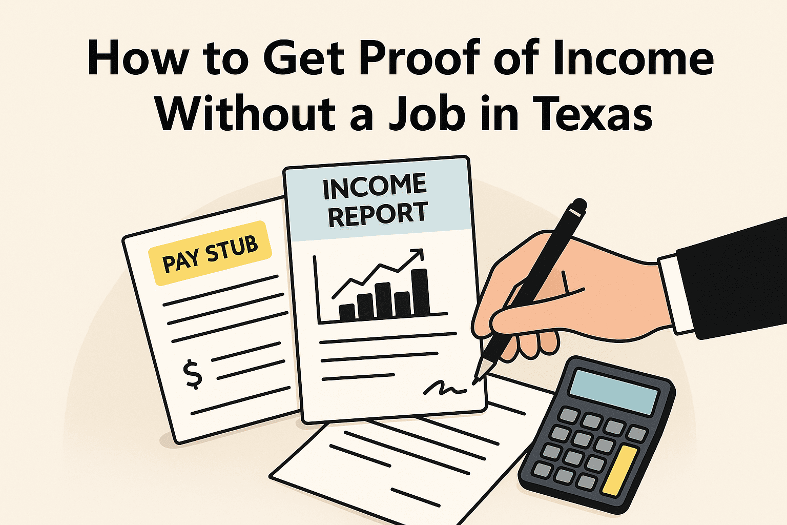 Proof of income without a job in Texas — realistic documents, pay stub, and calculator on desk