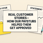Real customer stories: paystub proof of income—illustration with pay stub, bank statement and folder