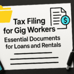Paper with title Tax Filing for Gig Workers: Essential Documents for Loans and Rentals, next to calculator and pen