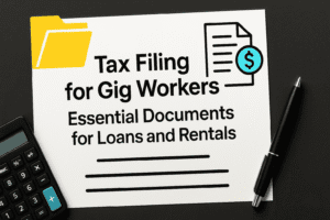 Paper with title Tax Filing for Gig Workers: Essential Documents for Loans and Rentals, next to calculator and pen