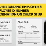 Illustration showing employer ID and employee ID details alongside a sample check stub layout, highlighting where to find identification numbers