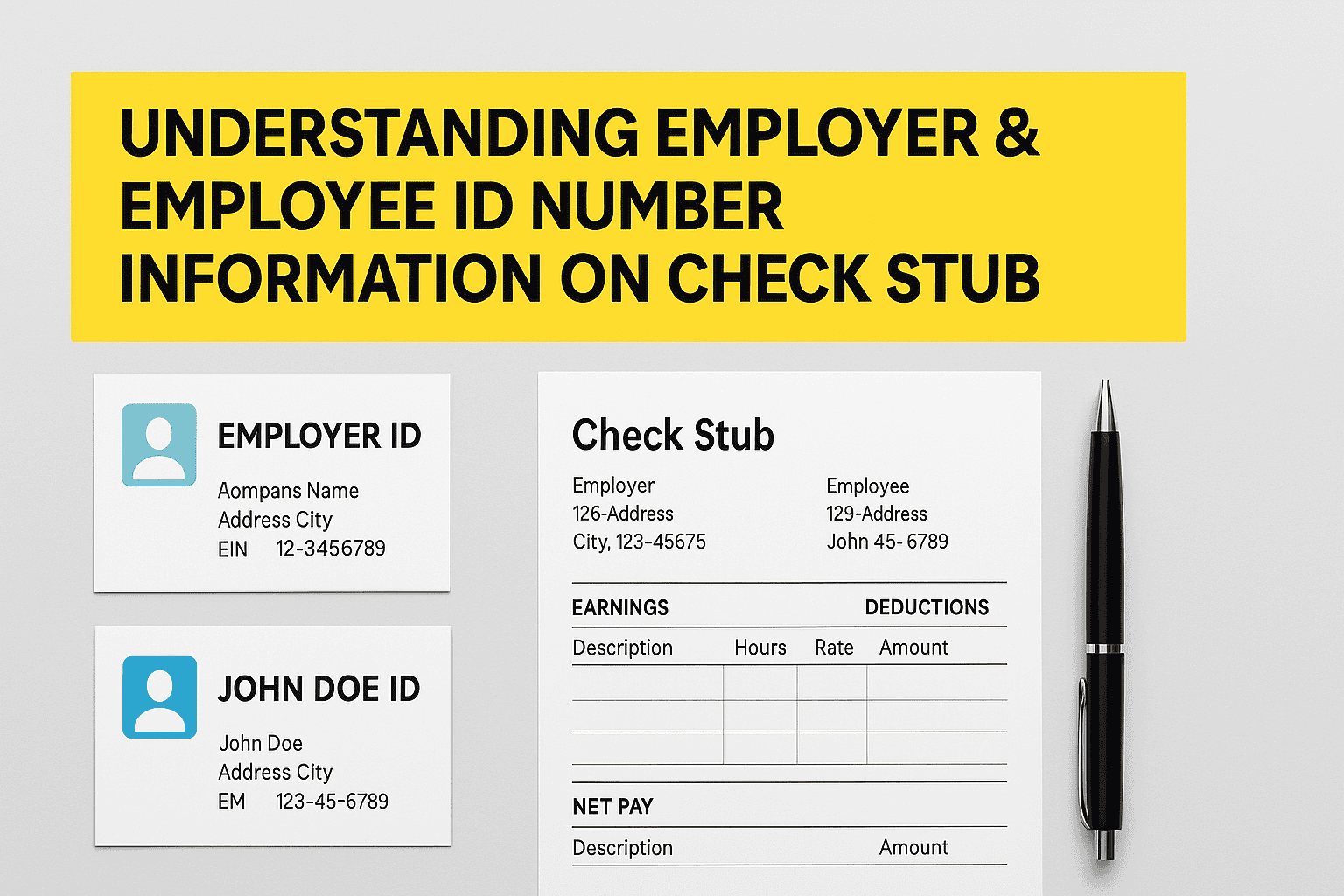 Understanding Employer & Employee Id Number Information On Check Stub 1 Illustration of a pay stub and payslip highlighting employer and employee ID fields