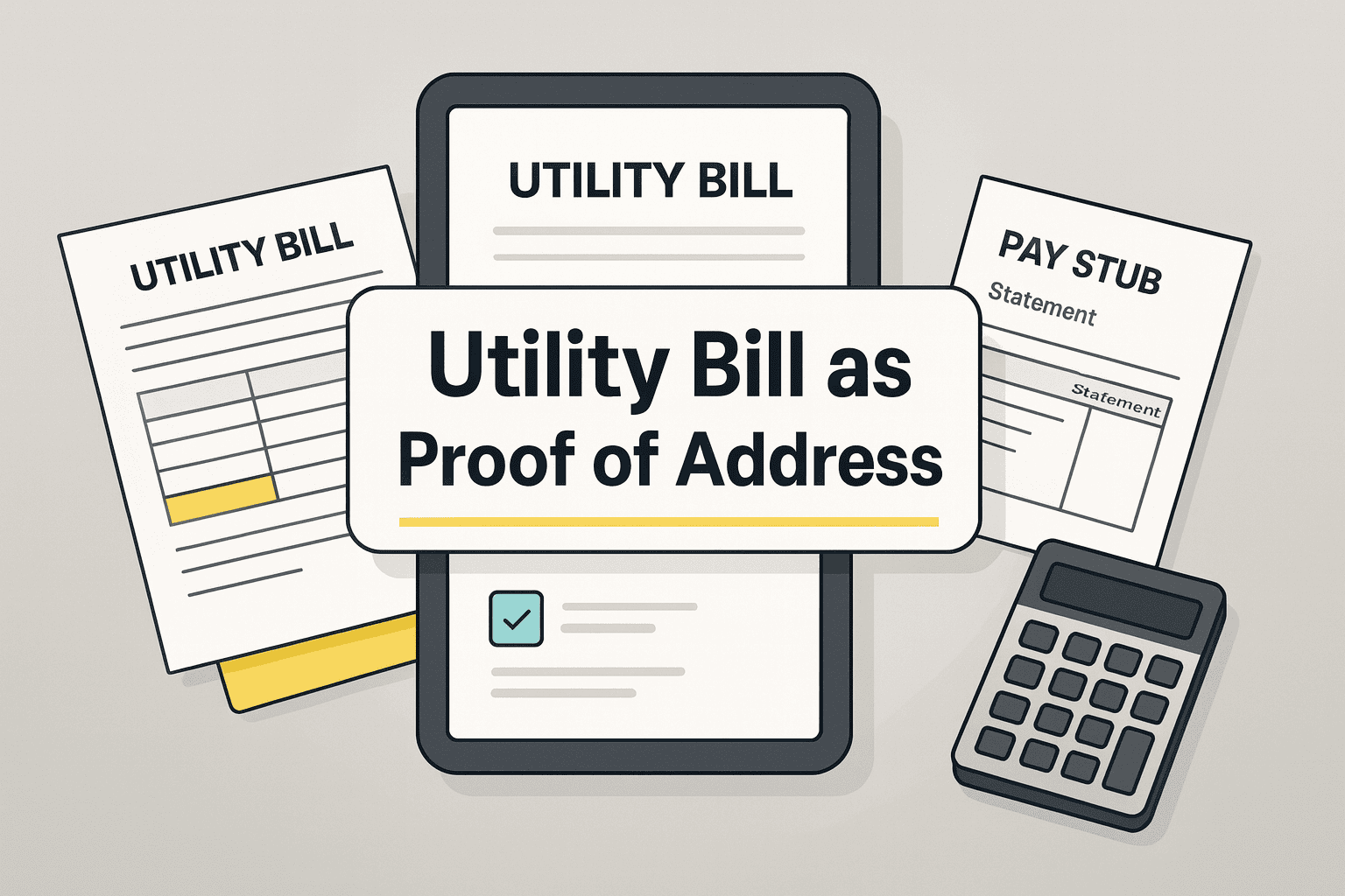 Example utility bill alongside pay stubs and a bank statement used to verify address and income