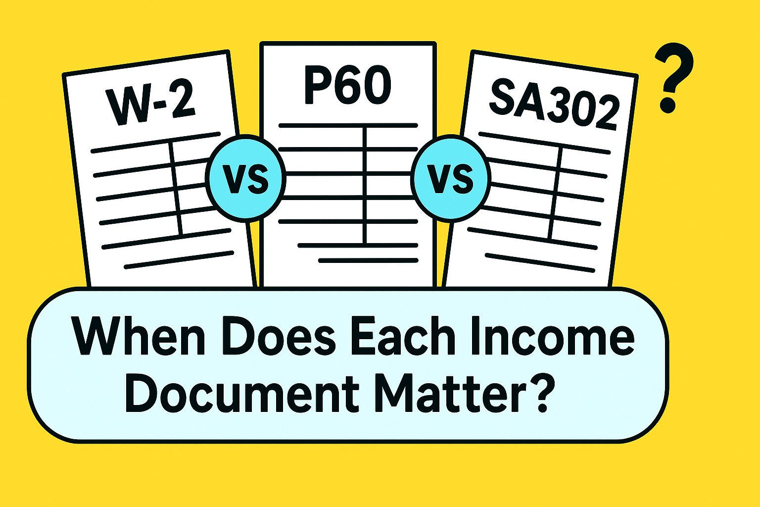 W-2 vs P60 vs SA302 When Does Each Income Document Matter 1 Illustration showing W‑2, P60 and SA302 income documents with a question mark and the text 'When Does Each Income Document Matter?'