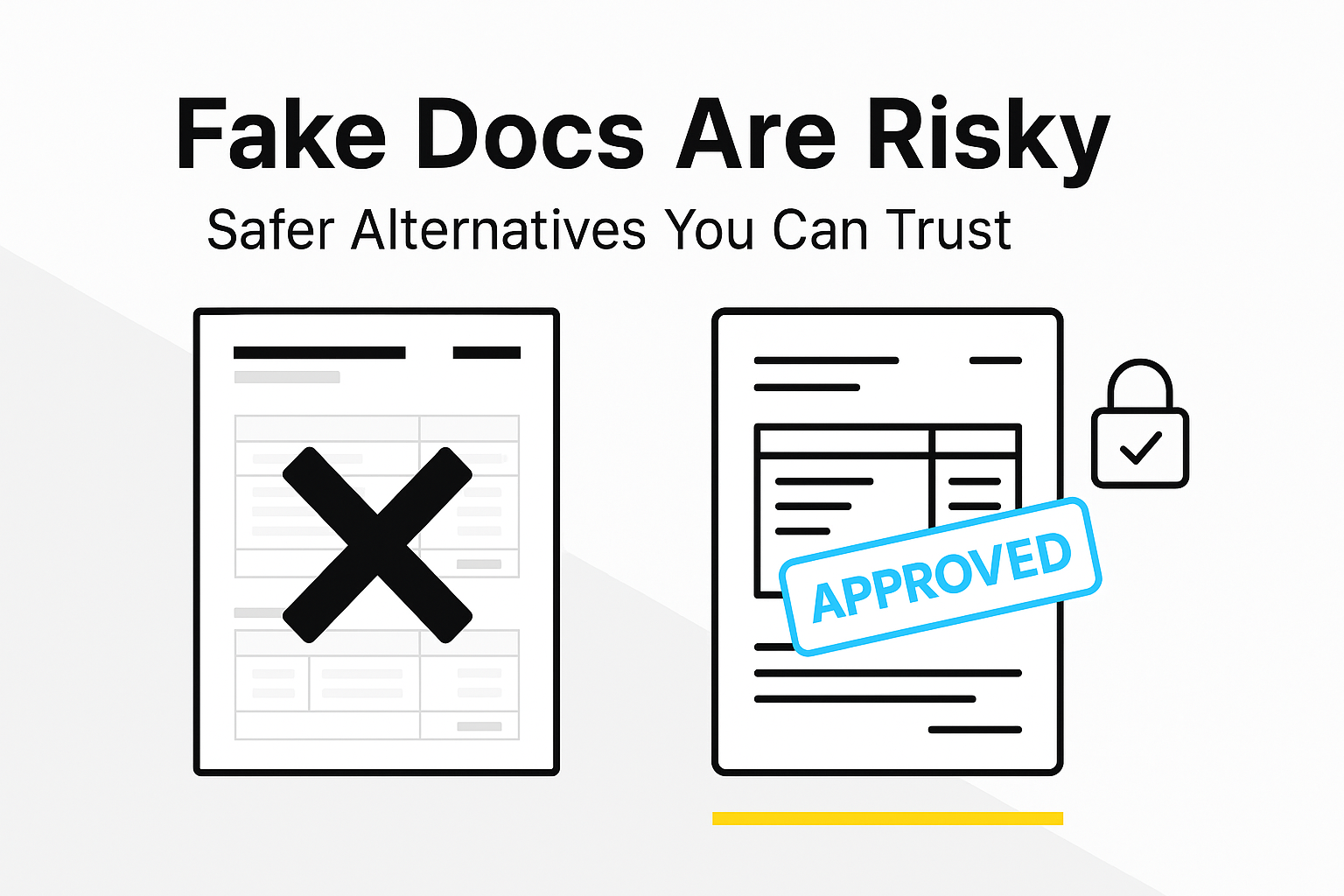 What Are the Risks of Fake Pay Stubs and Bank Statements—and What Are Safer Alternatives? 1 Illustration showing a crossed‑out fake document and an approved document to convey risks and safer alternatives