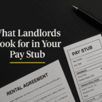 "What landlords look for in your pay stub – rental agreement and pay stub on desk with pen."