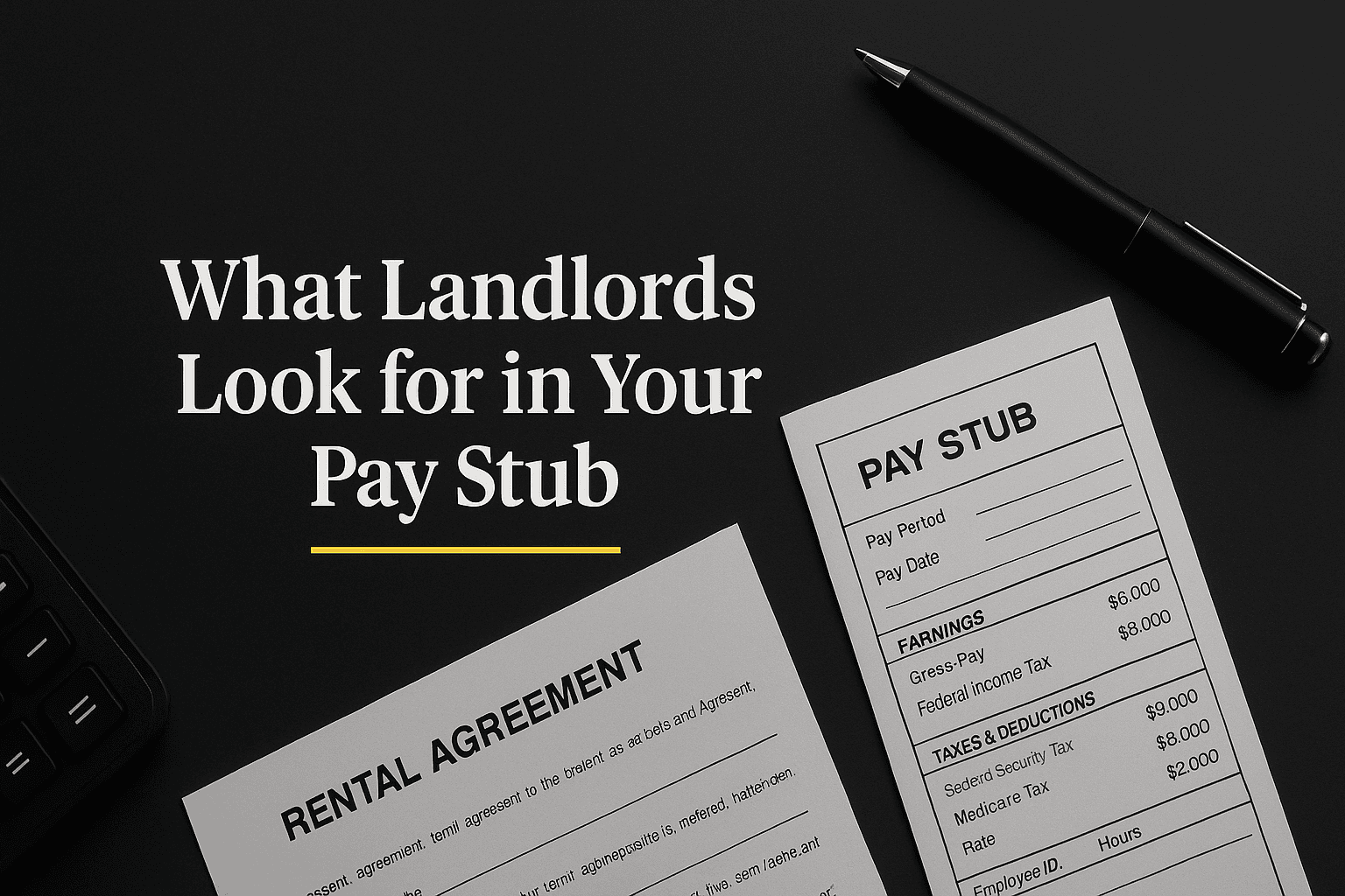 "What landlords look for in your pay stub – rental agreement and pay stub on desk with pen."