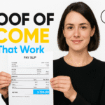 Tenant presenting clearly formatted proof of income documents to a landlord