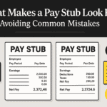 Two sample pay stubs side by side with check marks and warning icons, showing correct formatting versus common mistakes