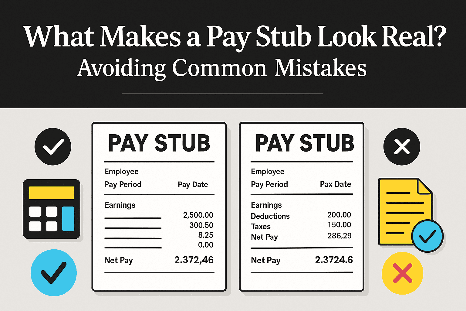 What Makes a Pay Stub Look Real Avoiding Common Mistakes 1 Illustration of authentic pay stubs being examined for clarity and compliance