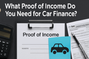 Proof of income form and car icon on a clipboard representing car finance documentation