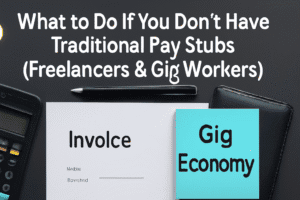 An informative guide about what to do if freelancers and gig workers don’t have traditional pay stubs, featuring an invoice and notes about the gig economy